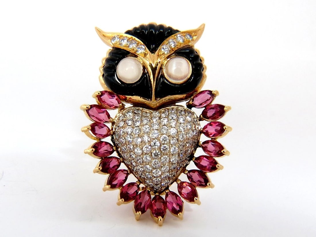 3.90CT NATURAL TOURMALINE DIAMONDS MOONSTONE BLACK ONYX 3D OWL BROOCH PIN 18KT - 8