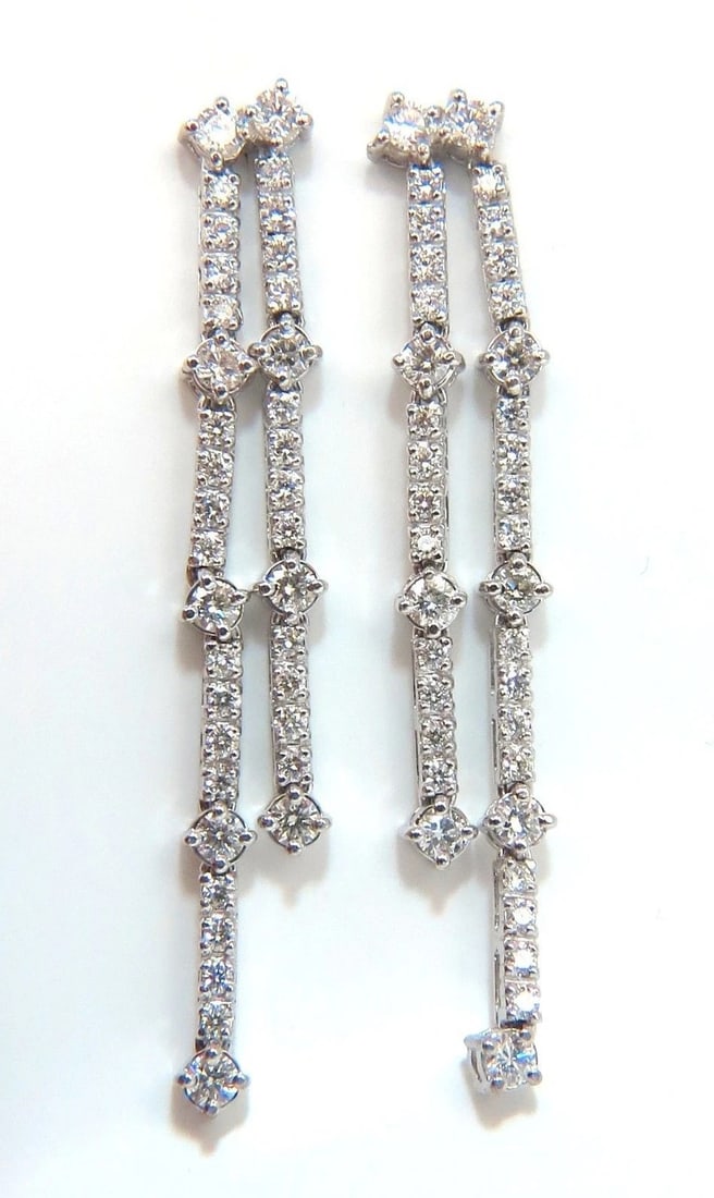 2.33ct natural round diamonds two rowed five tier dangle earrings 14kt: Title: 2.33ct natural round diamonds two rowed five tier dangle earrings 14kt Description: Two Rowed, Five Tiered Dangles 2.33ct. Natural diamonds earrings. Rounds, Full cut brilliants. G- color Vs-2 