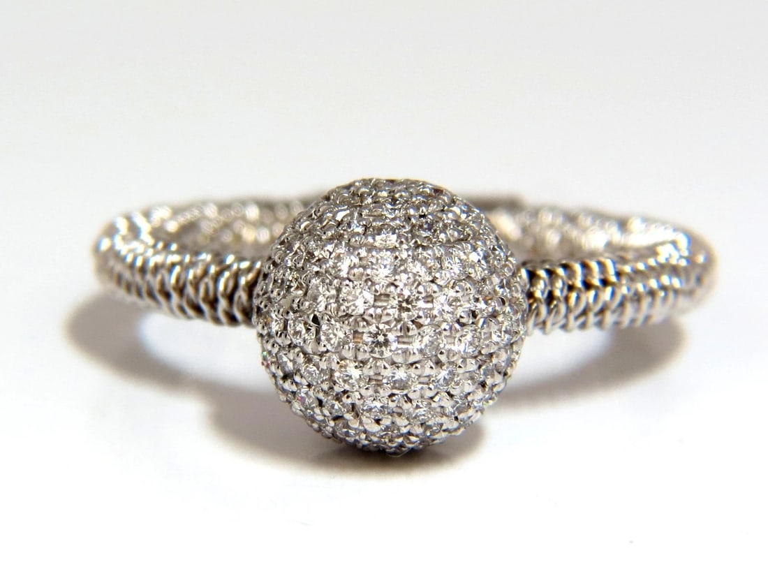 .76ct natural diamonds bead set ball ring 18kt + coil wire wrapped shank g/vs: Title: .76ct natural diamonds bead set ball ring 18kt + coil wire wrapped shank g/vs Description: .76ct. Rounds natural diamond ring / encrusted ball. ring goes through the ball. nicely made. Diamonds