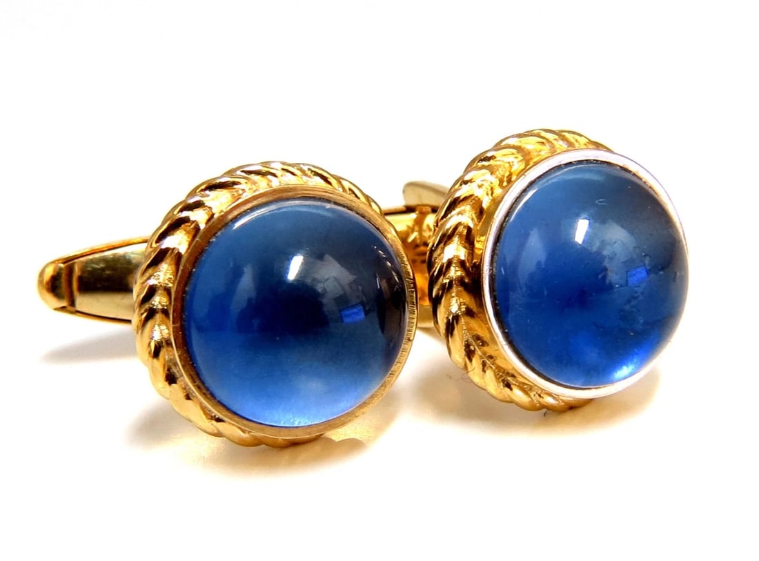30ct Synthetic Sapphire Cufflinks 14kt: Title: 30ct Synthetic Sapphire Cufflinks 14kt Description: 0.00ct natural red garnet cufflinks. 13.9gms. 14kt. yellow gold. $1500 30ct. Cabochon Cuts Lab Sapphire Cufflinks 14kt. yellow gold / 16 gram