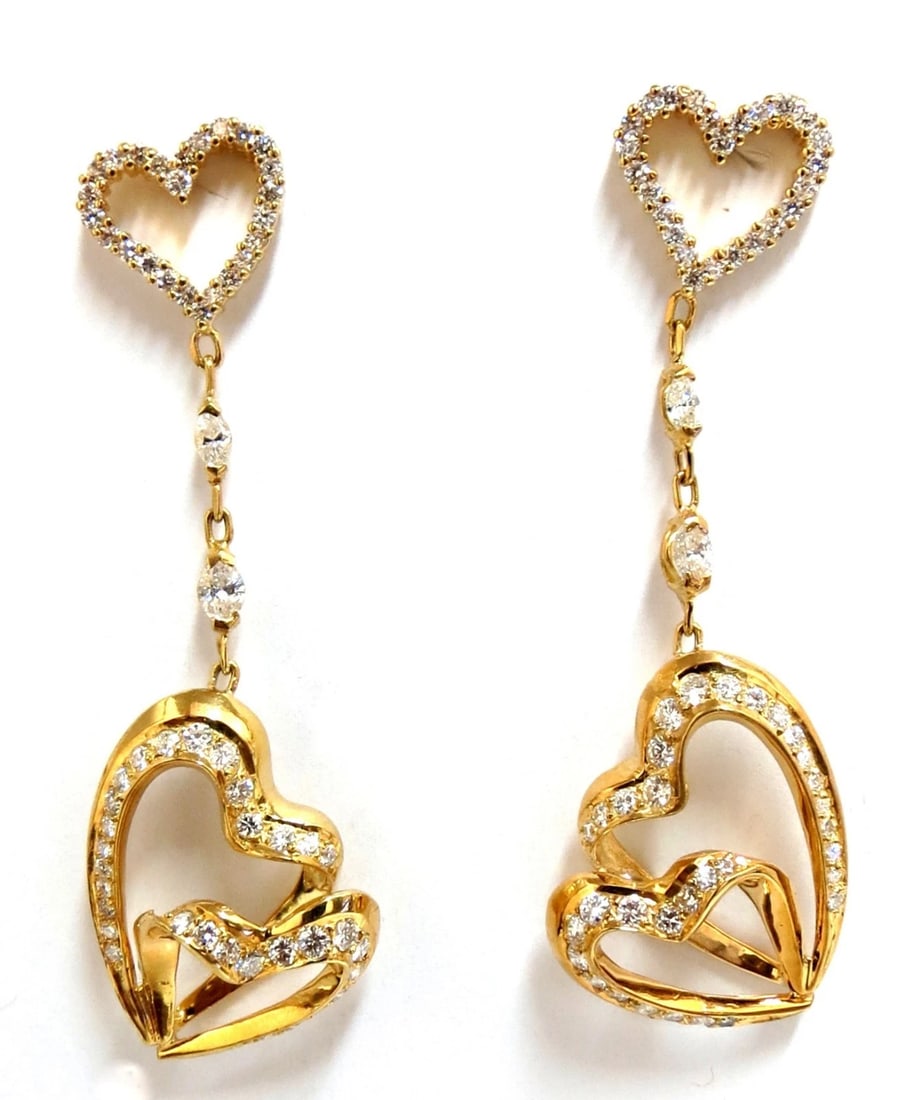 3.00ct Natural Diamonds Hearts on Hearts Dangle Earrings 18 karat: Title: 3.00ct Natural Diamonds Hearts on Hearts Dangle Earrings 18 karat Description: Long hinged diamond Heart dangle earrings. 3.00cts of natural round diamonds: G-color, Vs-2 clarity. 18kt. yellow