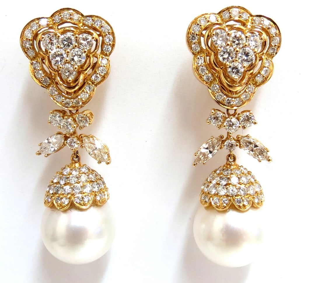 15.6mm Natural South Sea Pearl 7.50ct Diamonds Dangle Earrings 18kt (1 of 6)