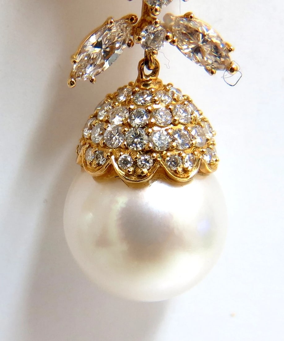 15.6mm Natural South Sea Pearl 7.50ct Diamonds Dangle Earrings 18kt - 2