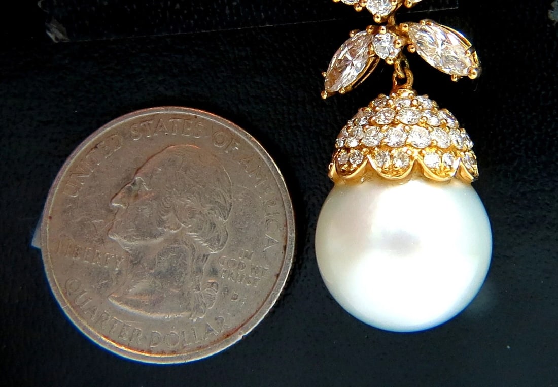 15.6mm Natural South Sea Pearl 7.50ct Diamonds Dangle Earrings 18kt - 3