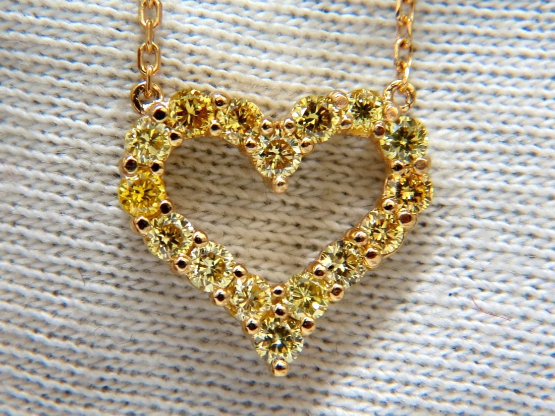 1.00ct Natural Fancy Yellow diamonds open heart necklace 14kt - 2