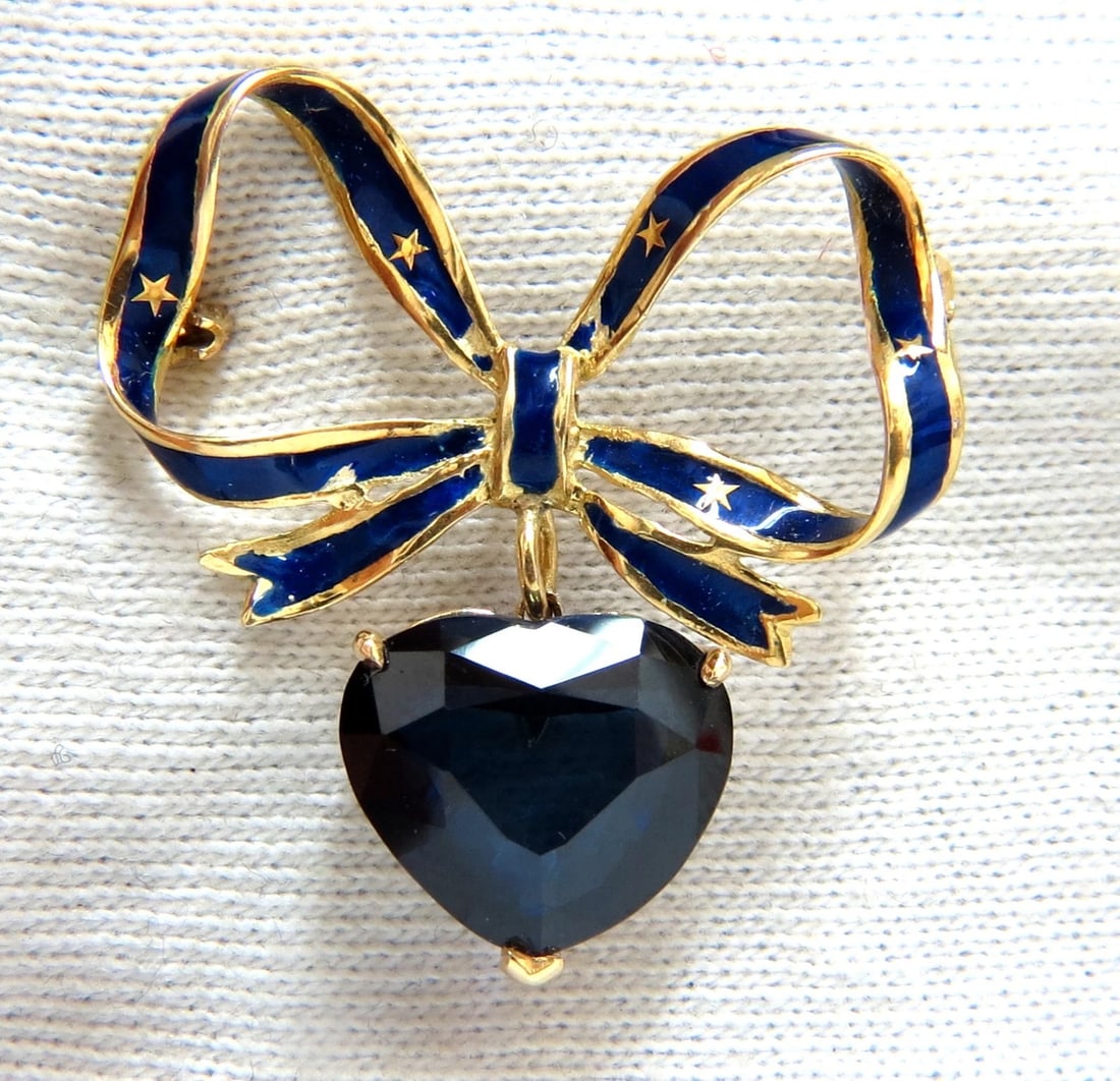 10ct Lab Sapphire Royal Blue Patriot Democrat Love Dangle Brooch: Title: 10ct Lab Sapphire Royal Blue Patriot Democrat Love Dangle Brooch Description: Democrat Love Sapphire Brooch 10ct Lab Sapphire Heart Cuts, Royal Blues. Dangling on Patriotic Enamel Ribbon.