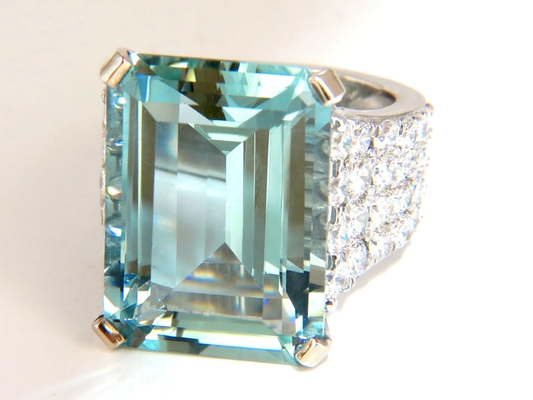 GIA Certified 28.26ct Natural Aquamarine diamonds ring Vivid 14kt - 2