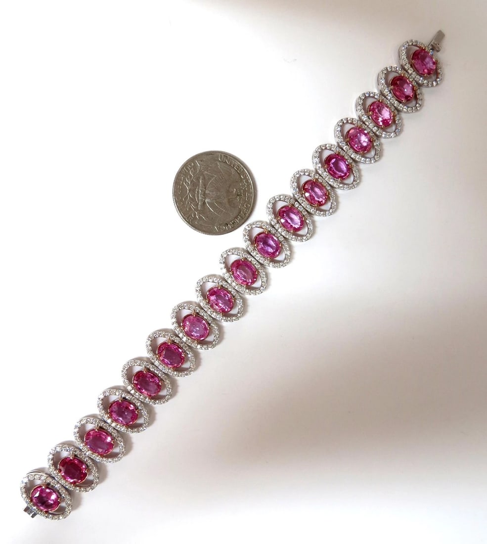 27.47ct natural Vivid Pink Sapphire diamond bracelet 14kt g/vs pink halo - 2