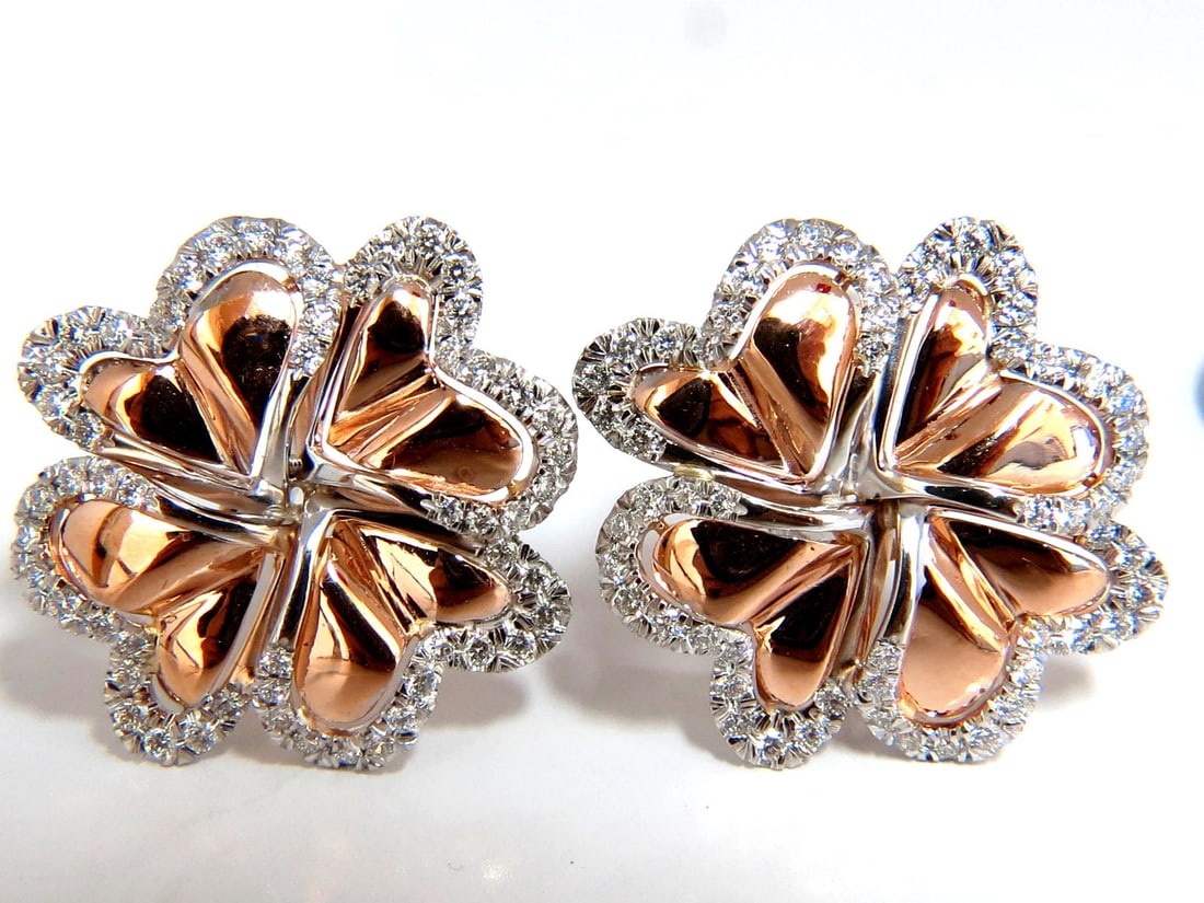 1.40ct 3D Heart Linked Deco Circular Earrings Omega Rose Gold 18KT: Title: 1.40ct 3D Heart Linked Deco Circular Earrings Omega Rose Gold 18KT Description: Elegant Circular (4) Heart Linked Clip Earrings. 1.40cts of natural round diamonds: G-color, Vs-2 clarity. 18kt. 