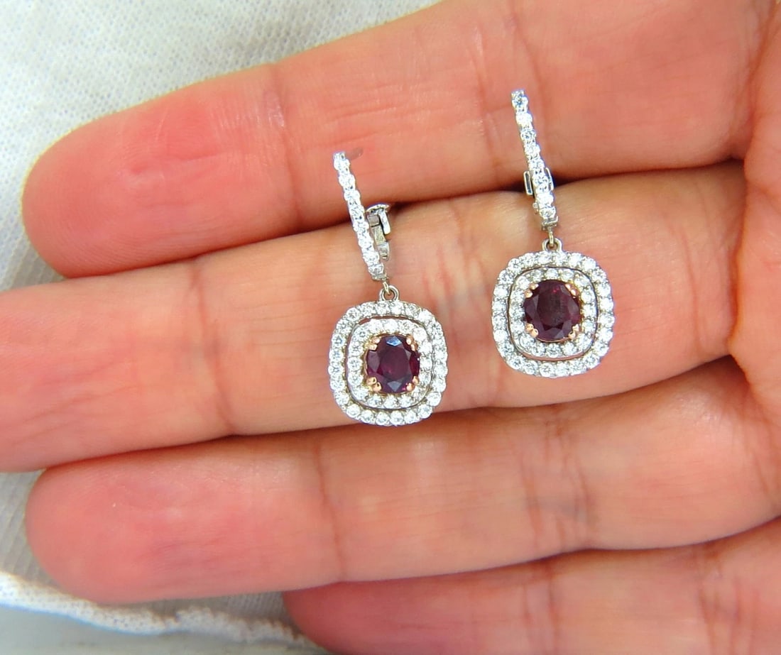 2.70ct natural deep red ruby diamond double halo dangle earrings 14kt - 5