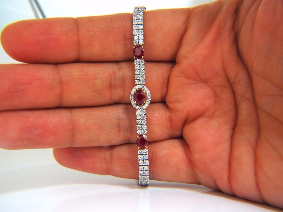7.34ct natural ruby diamonds bracelet regency deco 14kt double row cluster - 7