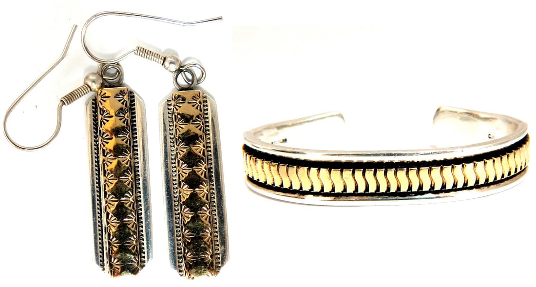 Designer: C. Harrell Dangling earrings & Bangle Bracelet 14kt & 925: Title: Designer: C. Harrell Dangling earrings & Bangle Bracelet 14kt & 925 Description: Designer: C. Harrell Bangle & Earrings 14kt. yellow gold & Silver Earrings measure 2 inches long & .40 inch wide