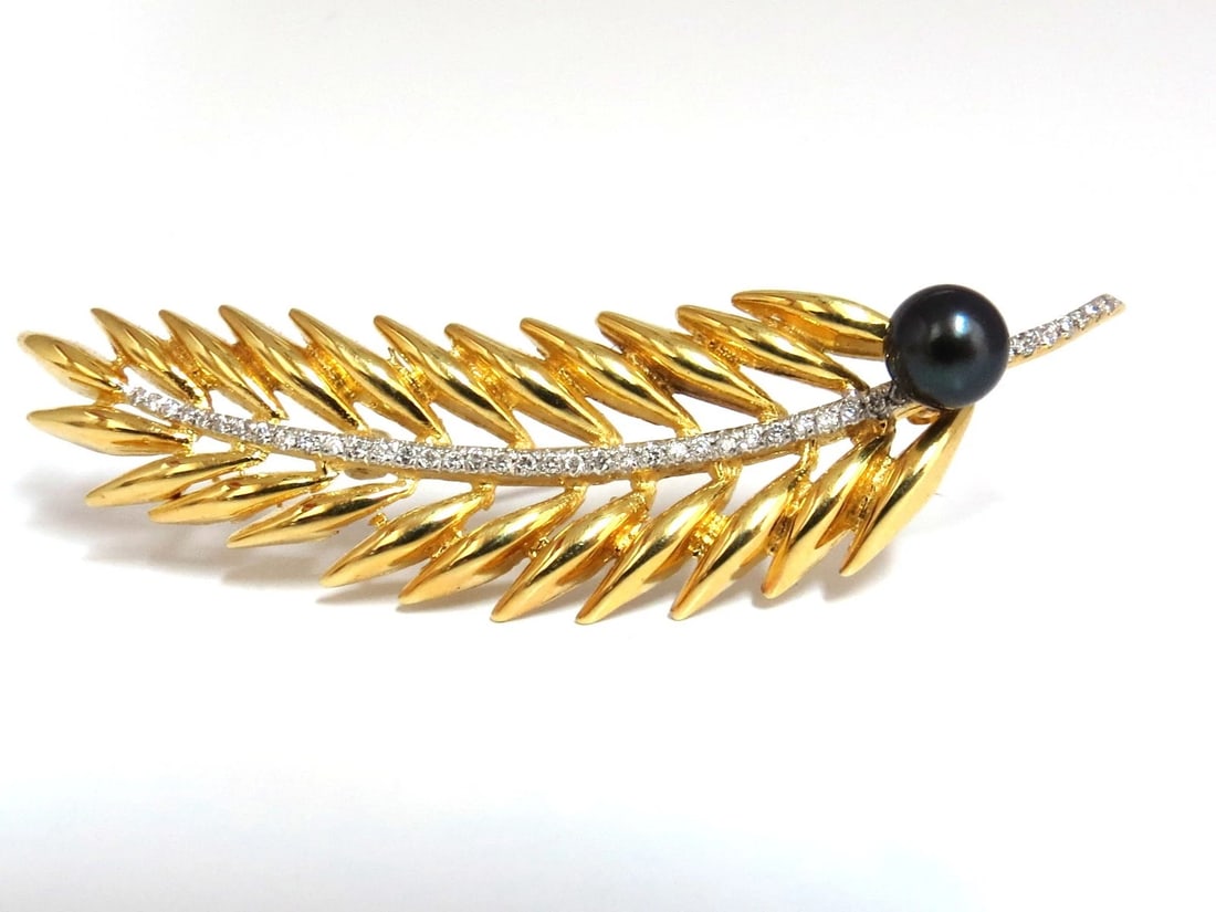 6mm natural Tahitian peacock pearl diamonds brooch leaf foliage vintage 14kt (1 of 5)