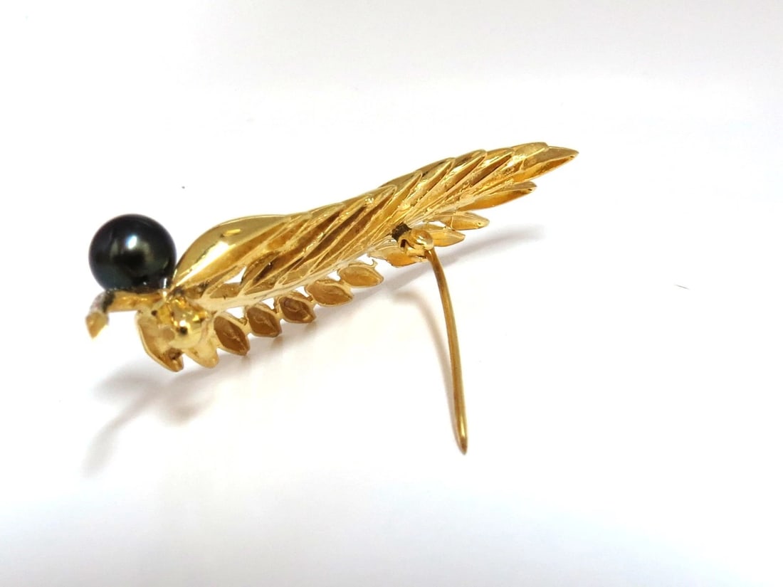 6mm natural Tahitian peacock pearl diamonds brooch leaf foliage vintage 14kt - 2