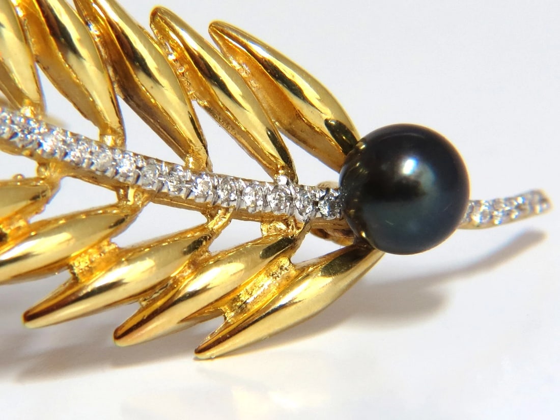 6mm natural Tahitian peacock pearl diamonds brooch leaf foliage vintage 14kt - 4