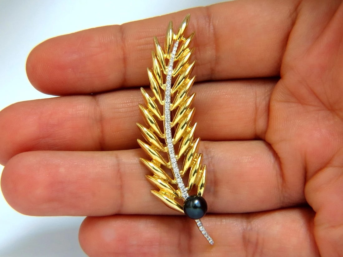 6mm natural Tahitian peacock pearl diamonds brooch leaf foliage vintage 14kt - 5