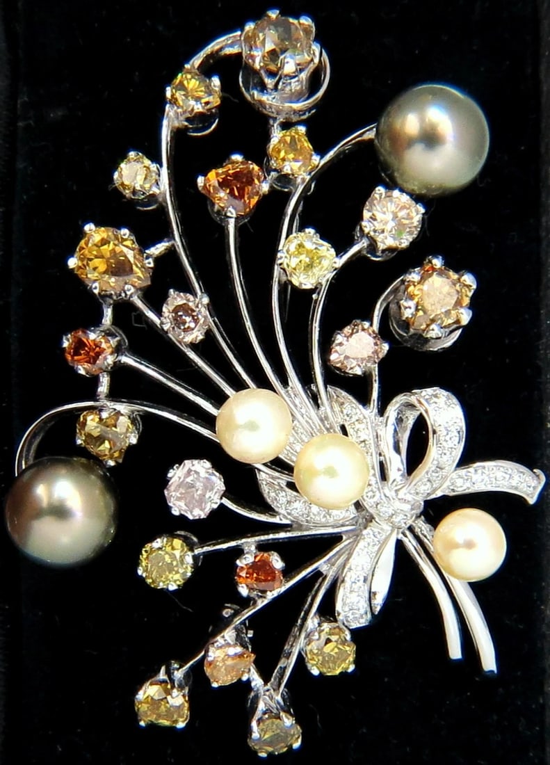6.00ct NATURAL FANCY COLOR YELLOW ORANGE BROWN PINK DIAMOND PIN 14kt: Title: 6.00ct NATURAL FANCY COLOR YELLOW ORANGE BROWN PINK DIAMOND PIN 14kt Description: ONLY MAGNIFICENT JEWELS From the Diamond Collections: 6.00ct. Natural Fancy colored diamonds / Pearls brooch pi