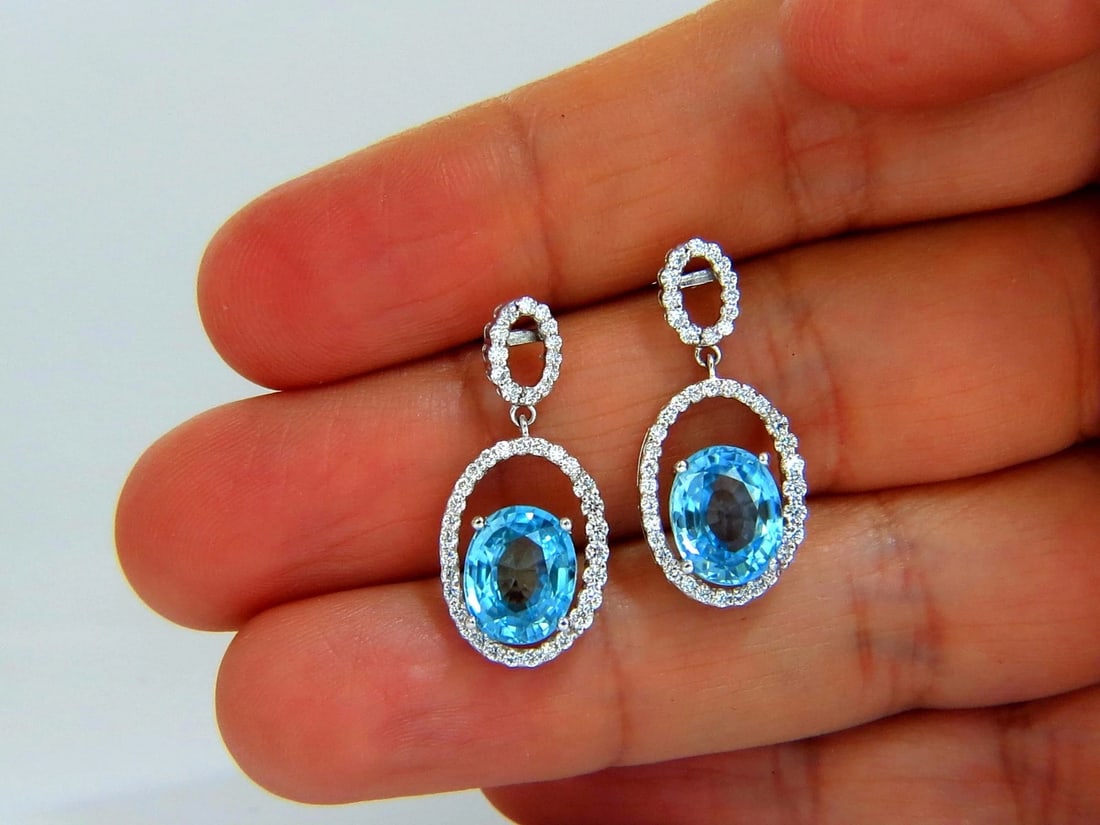 8.86ct natural vivid indigo blue zircon diamonds dangle earrings 14kt - 4