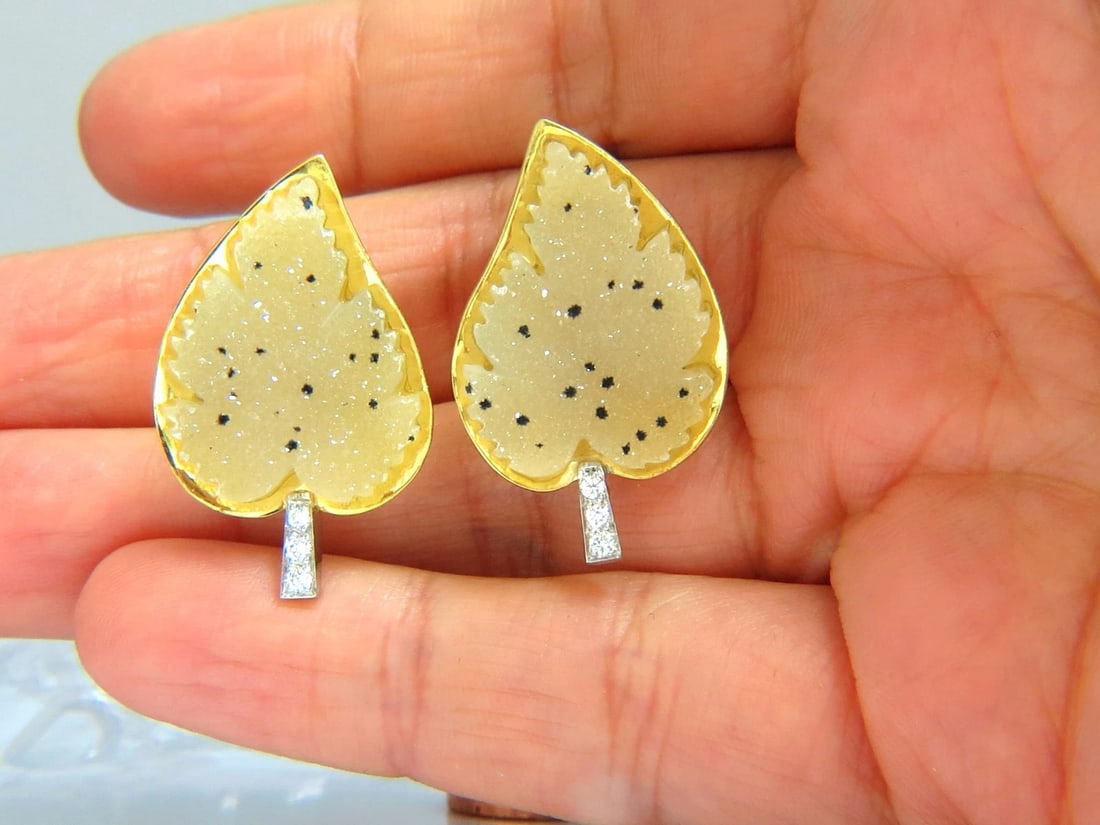 18kt .25ct diamonds matrix quartz rough slice leaf earrings omega 3d - 5