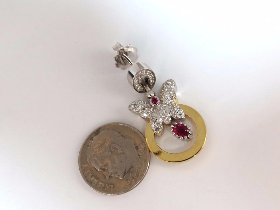 1.70CT NATURAL OVAL BRIGHT RED RUBY DIAMOND DANGLE BUTTERFLY EARRINGS 14KT - 7