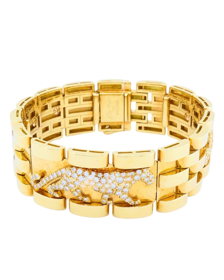 Cartier Walking Panthere Bracelet Diamond Gold Bracelet: NS TOOOO A vintage Cartier Walking Panthere bracelet, made in 18k yellow gold and set with diamonds across the signature panther motifs. A series of walking panthers, each pavé-set with diamonds,