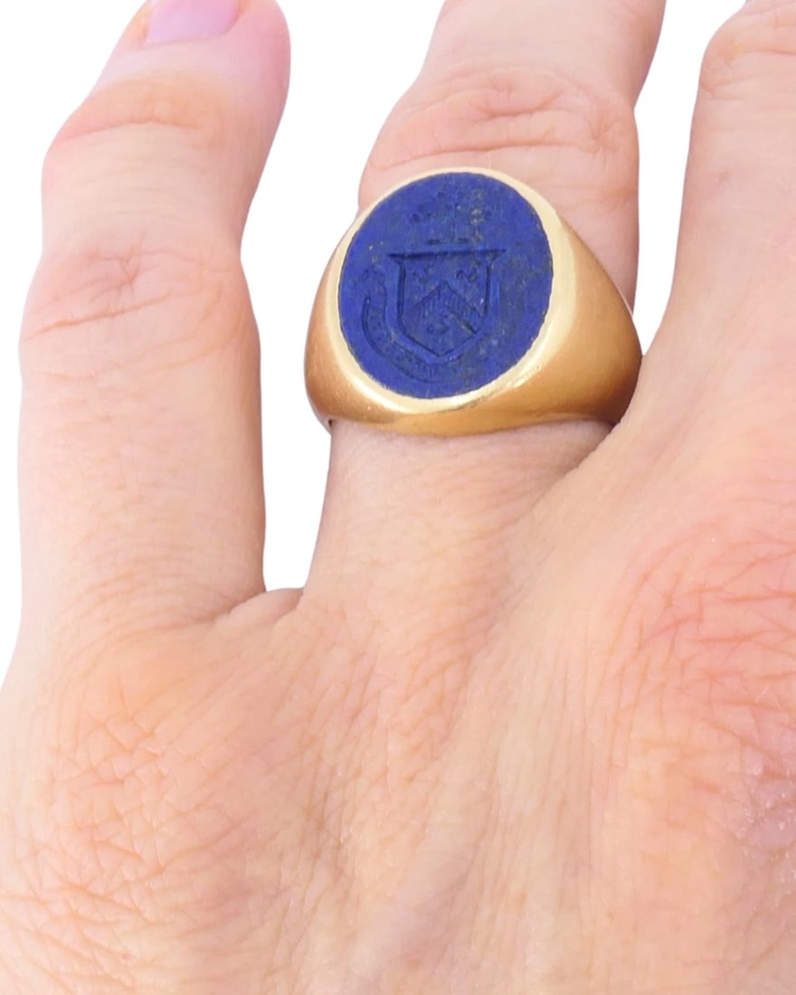 Tiffany & Co. 14k Gold Ring Carved Lapis Lazuli Vintage Signet Ring - 2