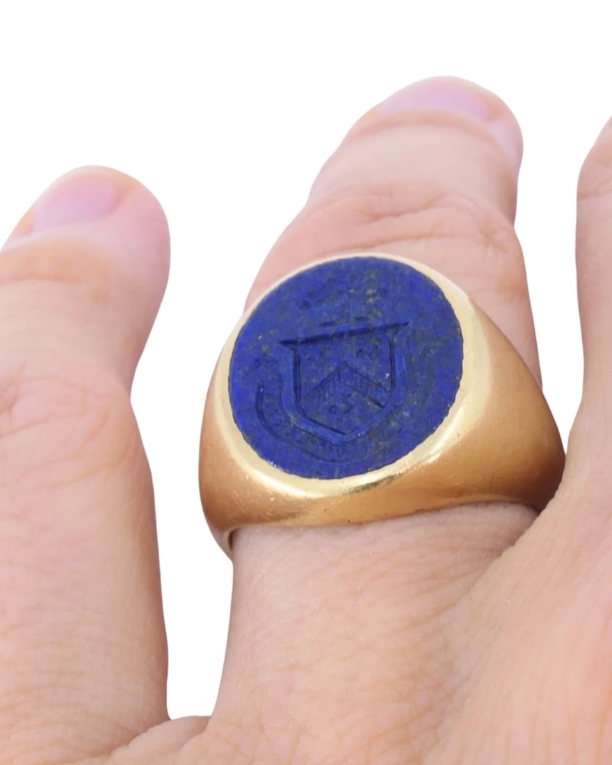 Tiffany & Co. 14k Gold Ring Carved Lapis Lazuli Vintage Signet Ring - 7
