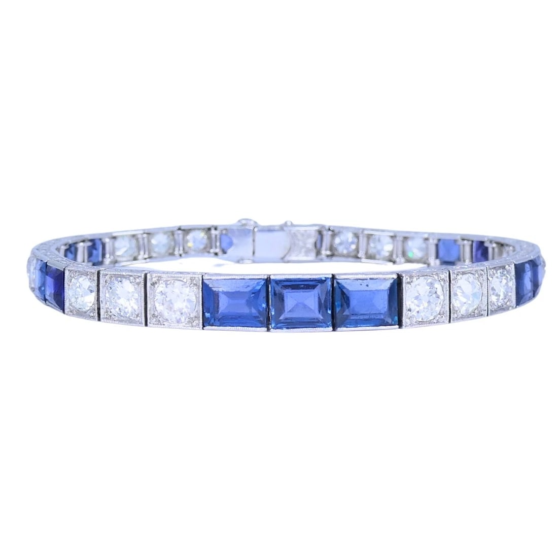 Art Deco Diamond Tennis BRACELET Sapphire Platinum Estate Jewelry - 2