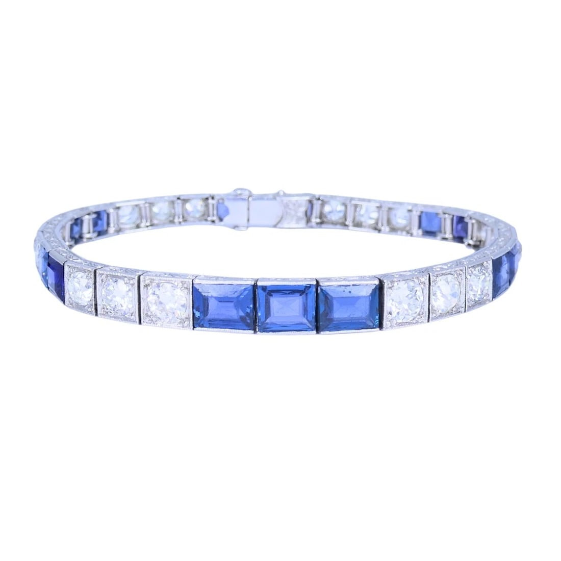 Art Deco Diamond Tennis BRACELET Sapphire Platinum Estate Jewelry - 3