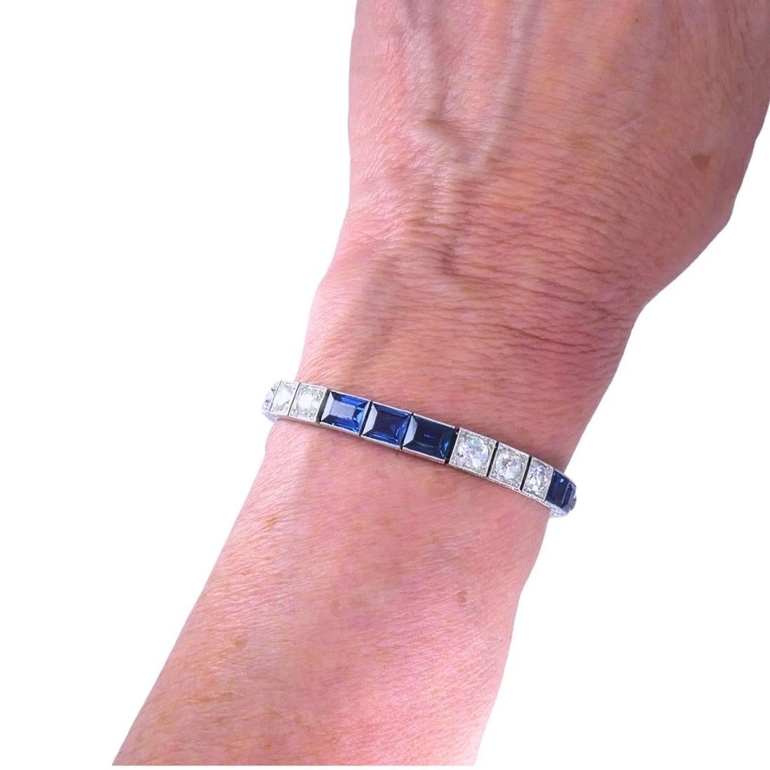 Art Deco Diamond Tennis BRACELET Sapphire Platinum Estate Jewelry - 4