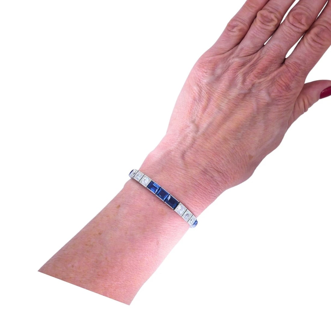 Art Deco Diamond Tennis BRACELET Sapphire Platinum Estate Jewelry - 5