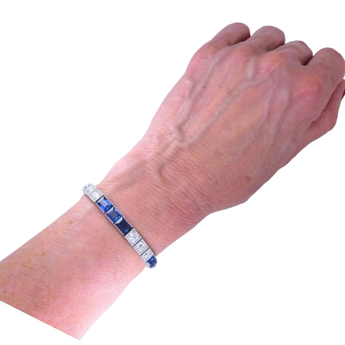 Art Deco Diamond Tennis BRACELET Sapphire Platinum Estate Jewelry - 6