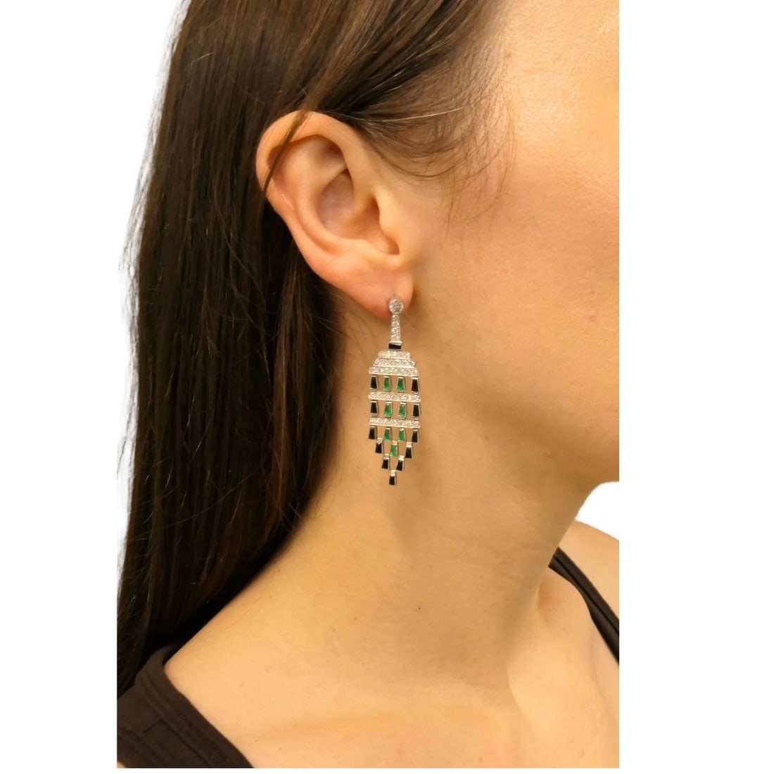 Diamond Emerald Onyx Dangle EARRINGS Art Deco Revival Estate Jewelry - 2