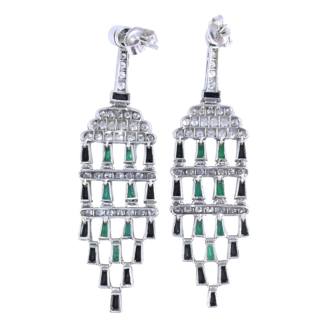 Diamond Emerald Onyx Dangle EARRINGS Art Deco Revival Estate Jewelry - 7