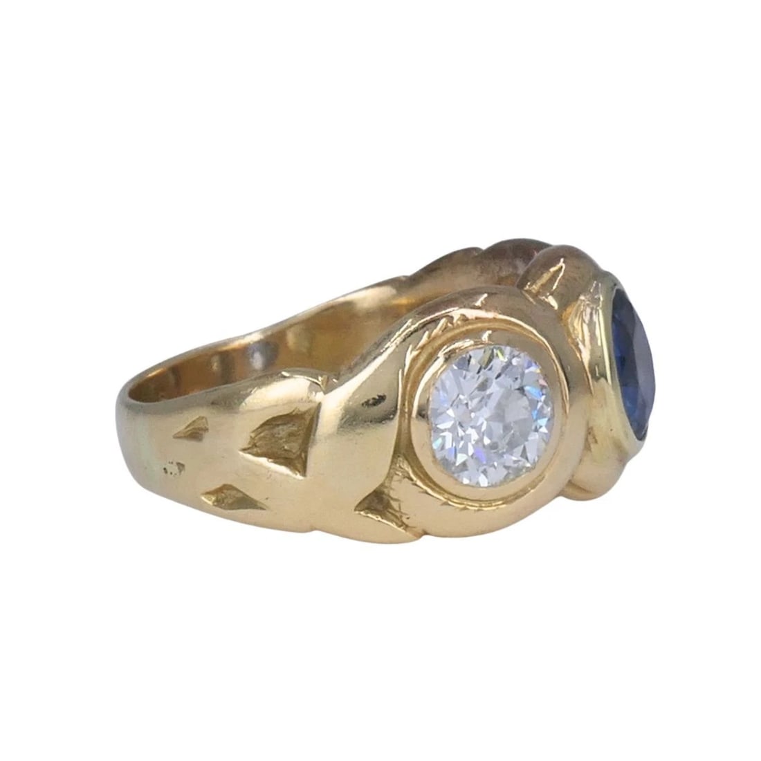 Antique 14k Gold Sapphire Old European Cut Diamond Three Stone Ring - 2