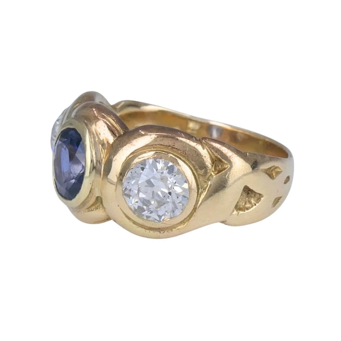 Antique 14k Gold Sapphire Old European Cut Diamond Three Stone Ring - 7