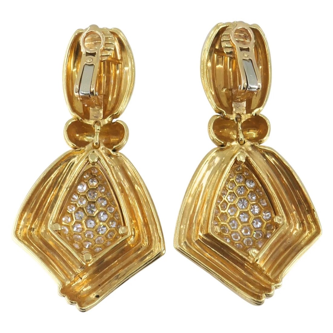 Vintage Boucheron Paris 18k Gold Diamond Ribbed Drop Earrings - 13