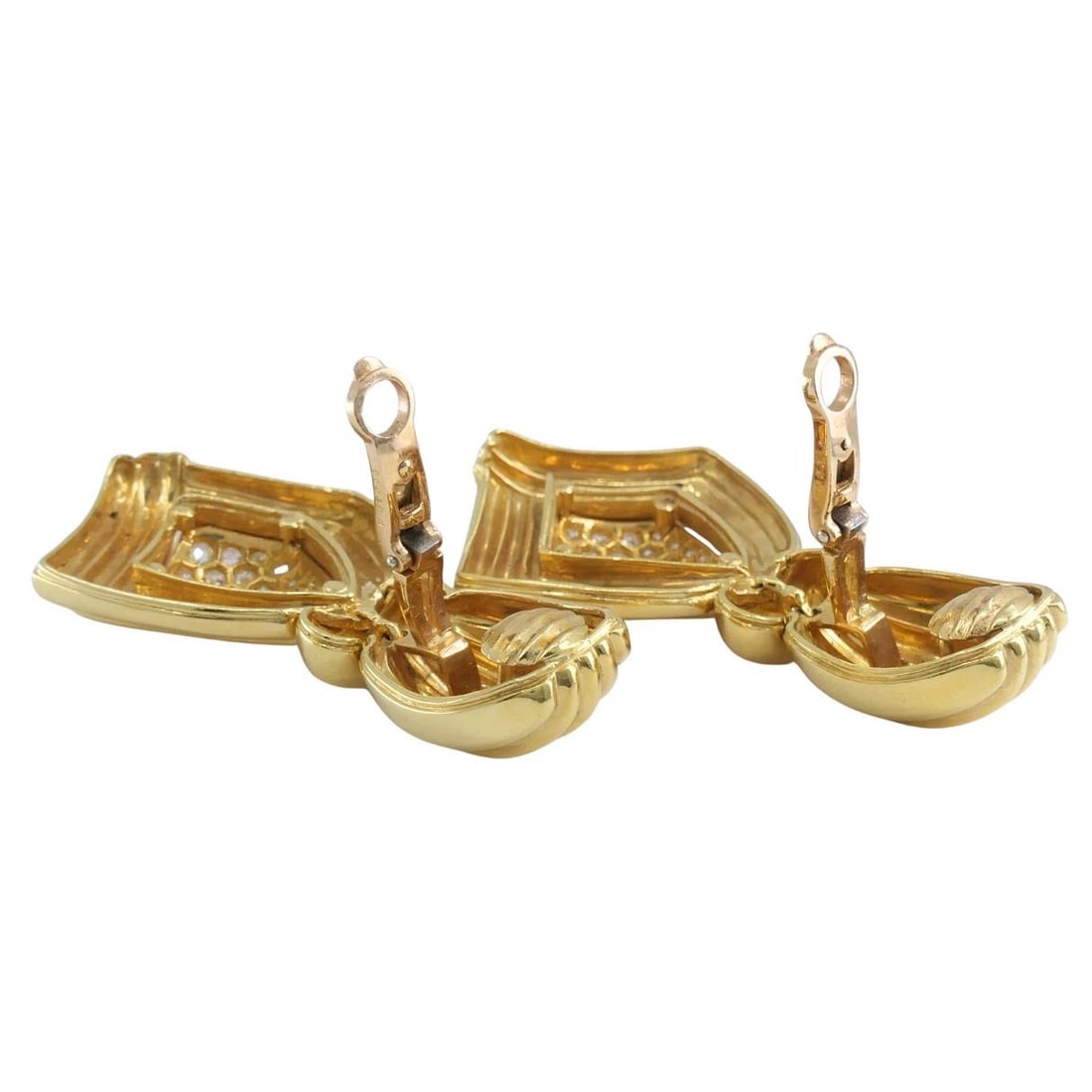 Vintage Boucheron Paris 18k Gold Diamond Ribbed Drop Earrings - 15