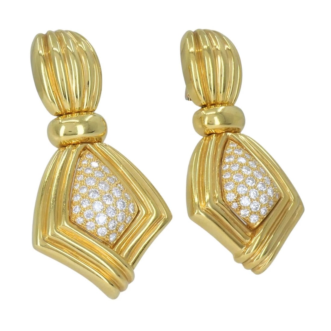 Vintage Boucheron Paris 18k Gold Diamond Ribbed Drop Earrings - 3