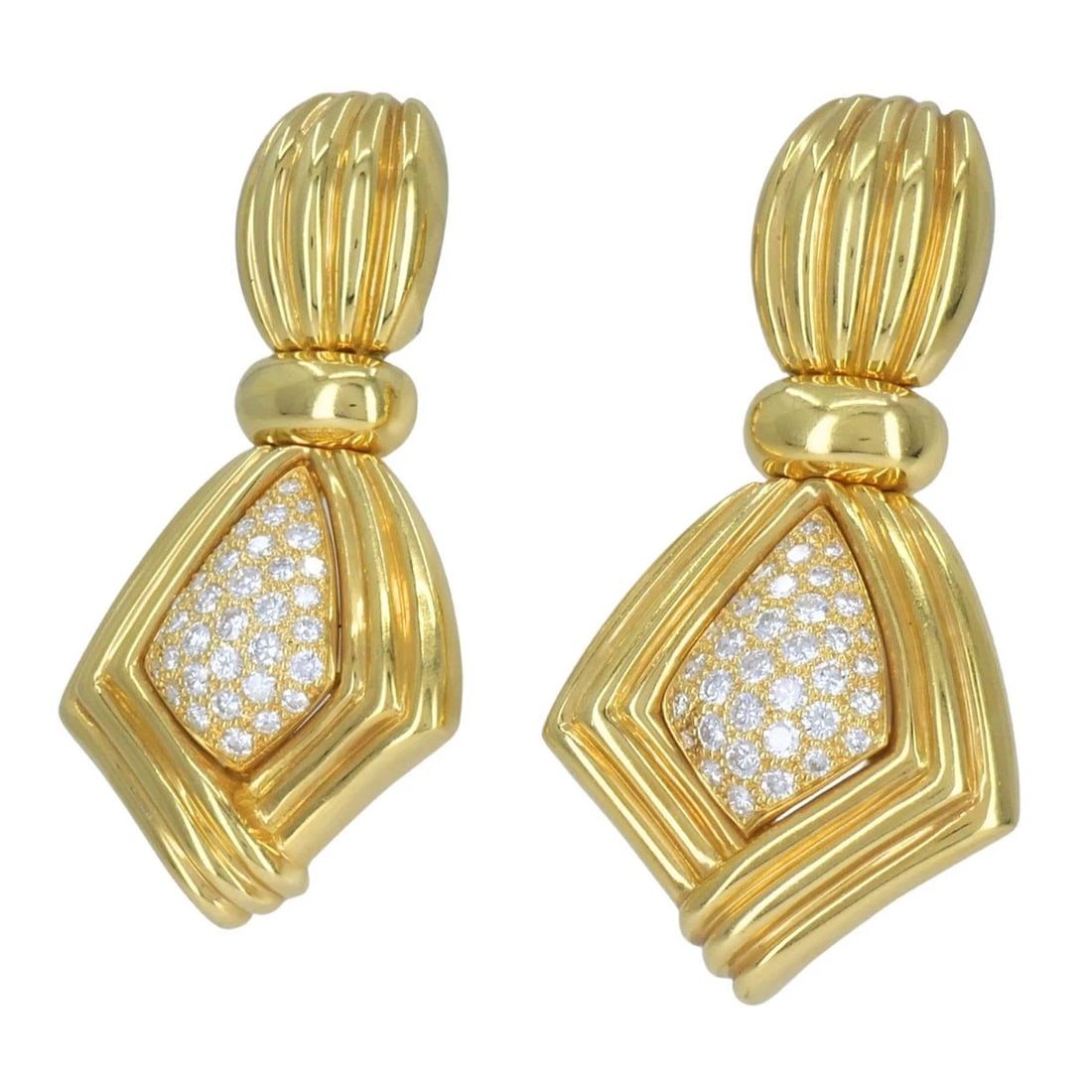 Vintage Boucheron Paris 18k Gold Diamond Ribbed Drop Earrings - 4