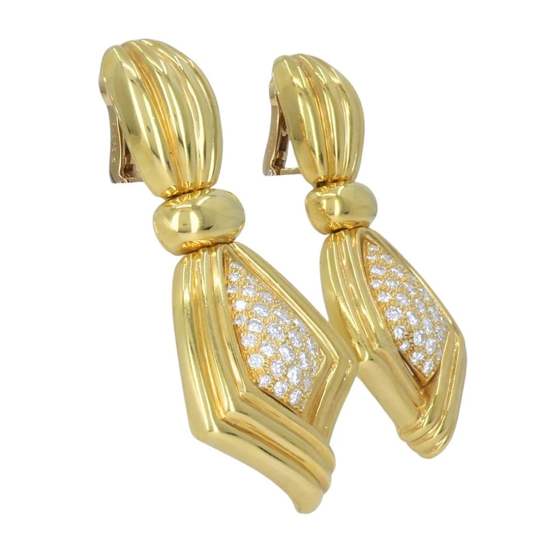 Vintage Boucheron Paris 18k Gold Diamond Ribbed Drop Earrings - 5