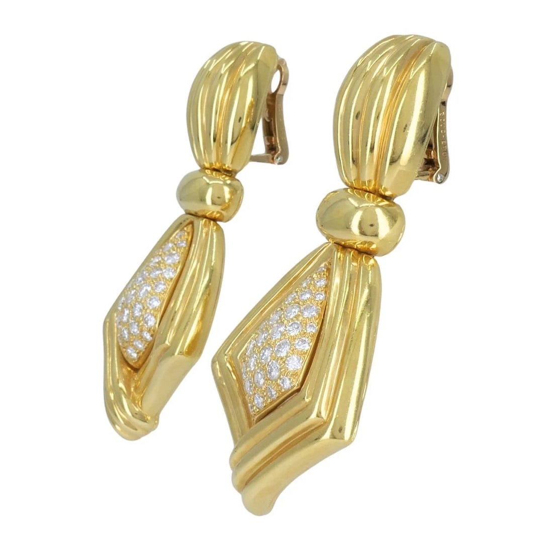 Vintage Boucheron Paris 18k Gold Diamond Ribbed Drop Earrings - 6
