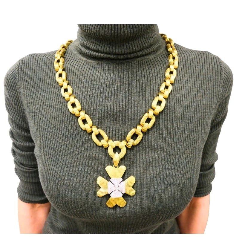 David Webb NECKLACE Sautoir Chain Oval Links 18k Gold Platinum Diamond Brooch - 2