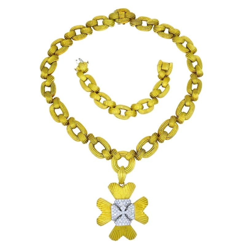 David Webb NECKLACE Sautoir Chain Oval Links 18k Gold Platinum Diamond Brooch - 4