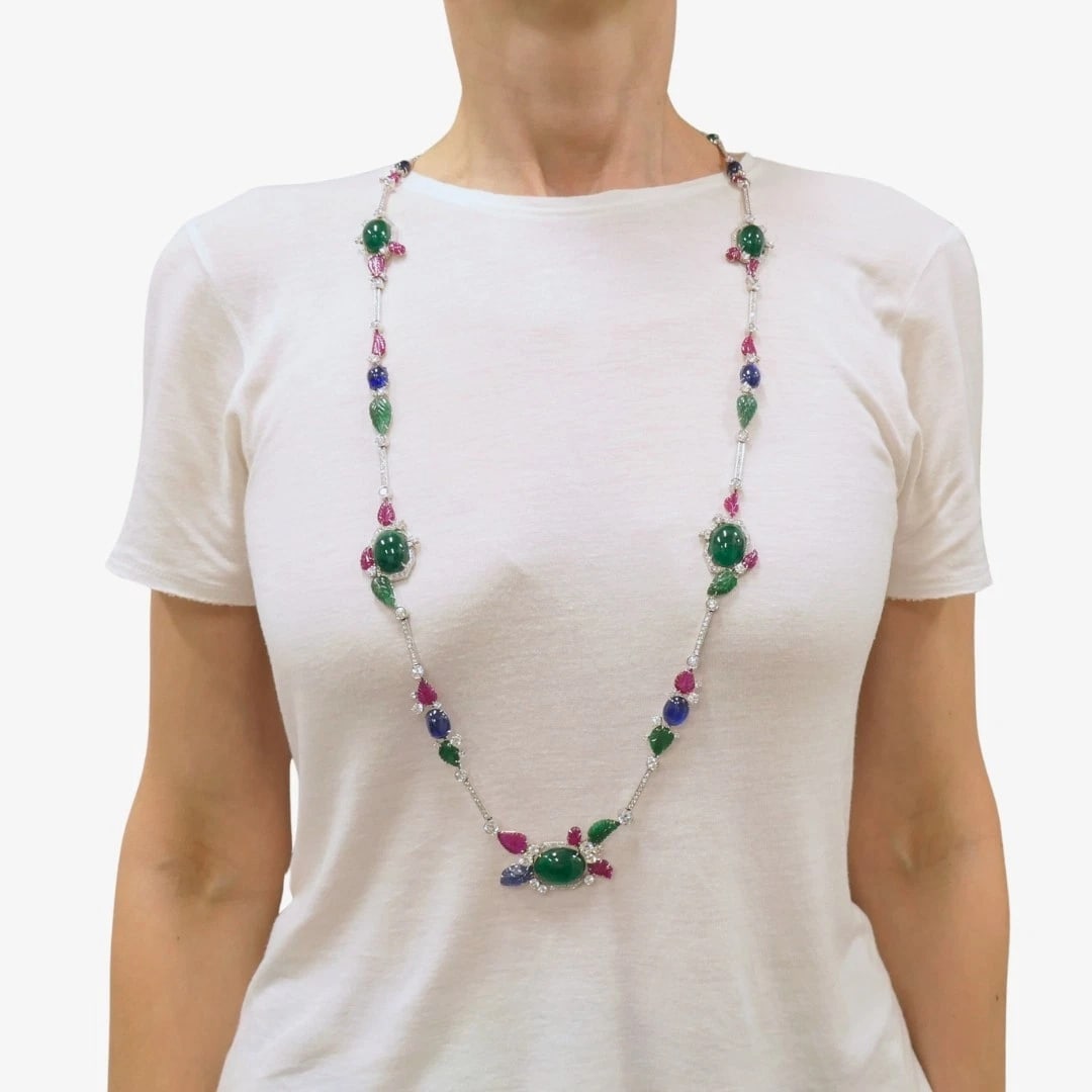 Sabbadini Tutti-Frutti NECKLACE 18k White Gold Carved Gemstones - 2