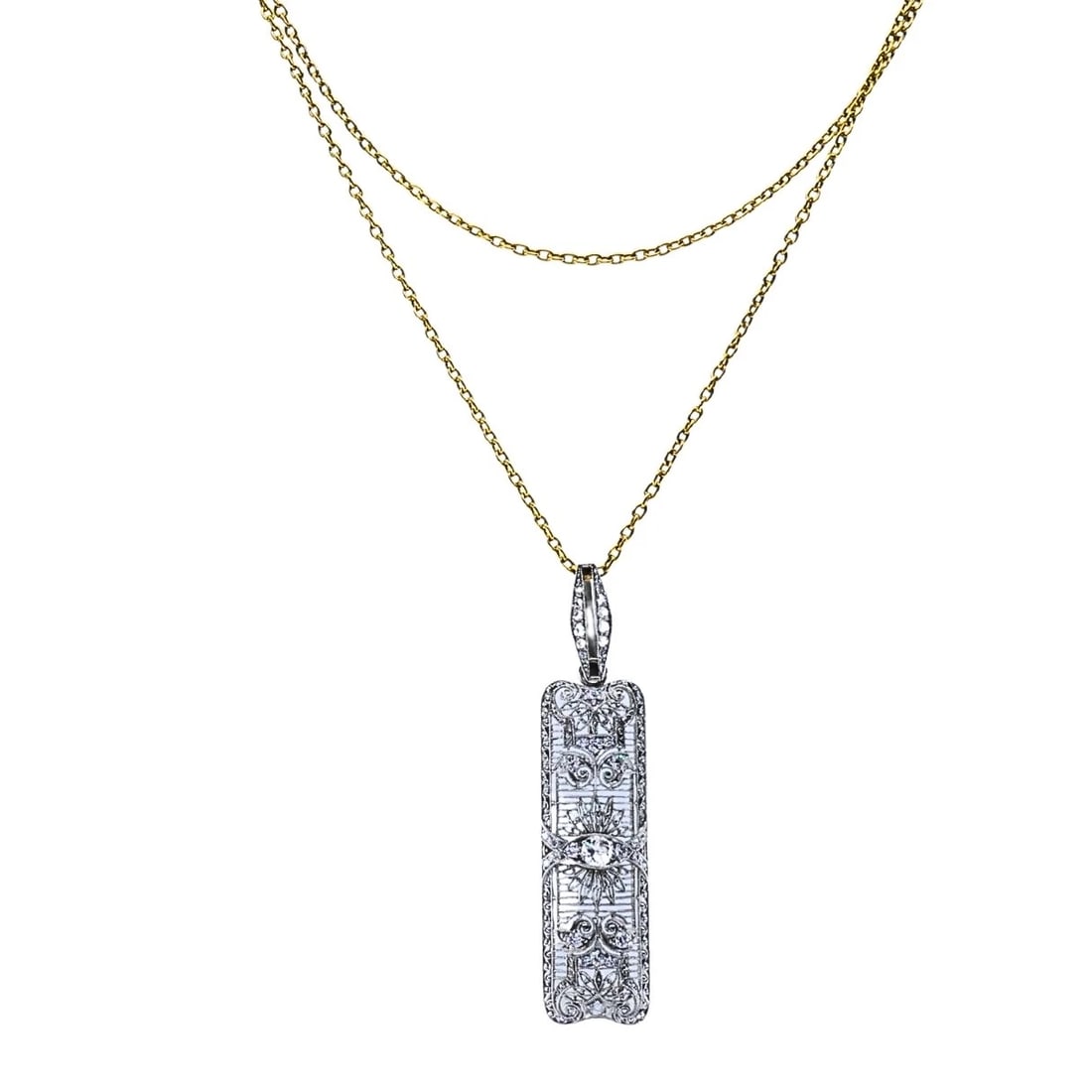 Platinum Diamond Filigree Pendant 14k Gold Chain Necklace: ES AOOO Product details: Materials: 14k Gold Chain, Platinum Pendant Weight: Chain - 10.5 Grams; Pendant - 10 Grams Gemstone: Diamond Measurement: Pendant - 9/16" x 2½" Chain - 30" Hallmarks: PLA