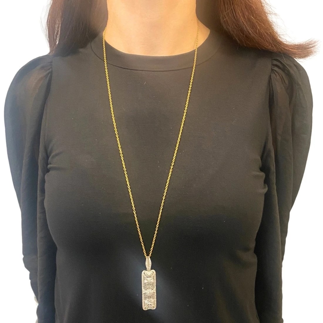 Platinum Diamond Filigree Pendant 14k Gold Chain Necklace - 2