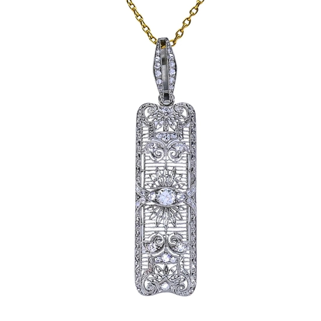 Platinum Diamond Filigree Pendant 14k Gold Chain Necklace - 3
