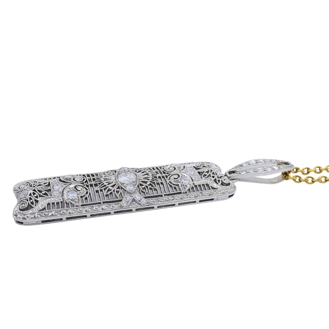 Platinum Diamond Filigree Pendant 14k Gold Chain Necklace - 4