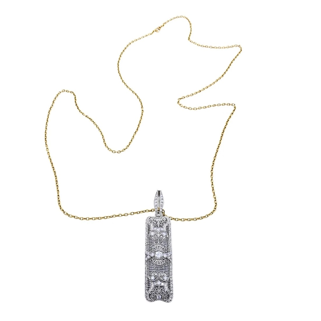 Platinum Diamond Filigree Pendant 14k Gold Chain Necklace - 7